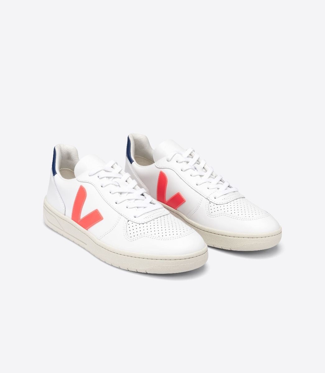 Veja V-10 Leather Men's Sneakers White Orange Blue | VJ21793C