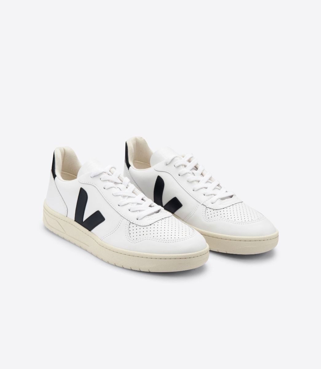 Veja V-10 Leather Women's Sneakers White Black | VJ21475H