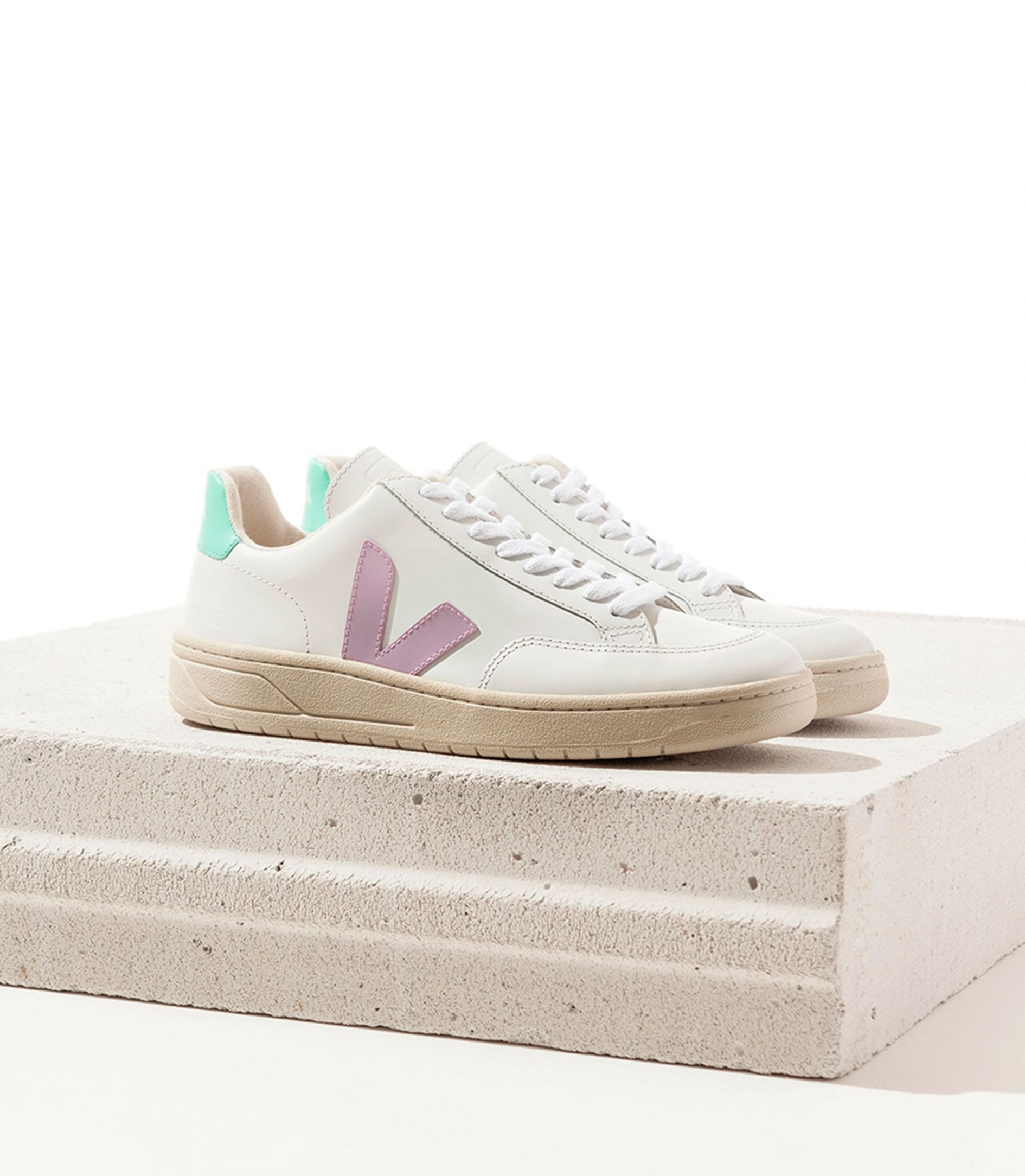 Veja V-12 Leather Men's Sneakers White Pink Turquoise | VJ46720Z