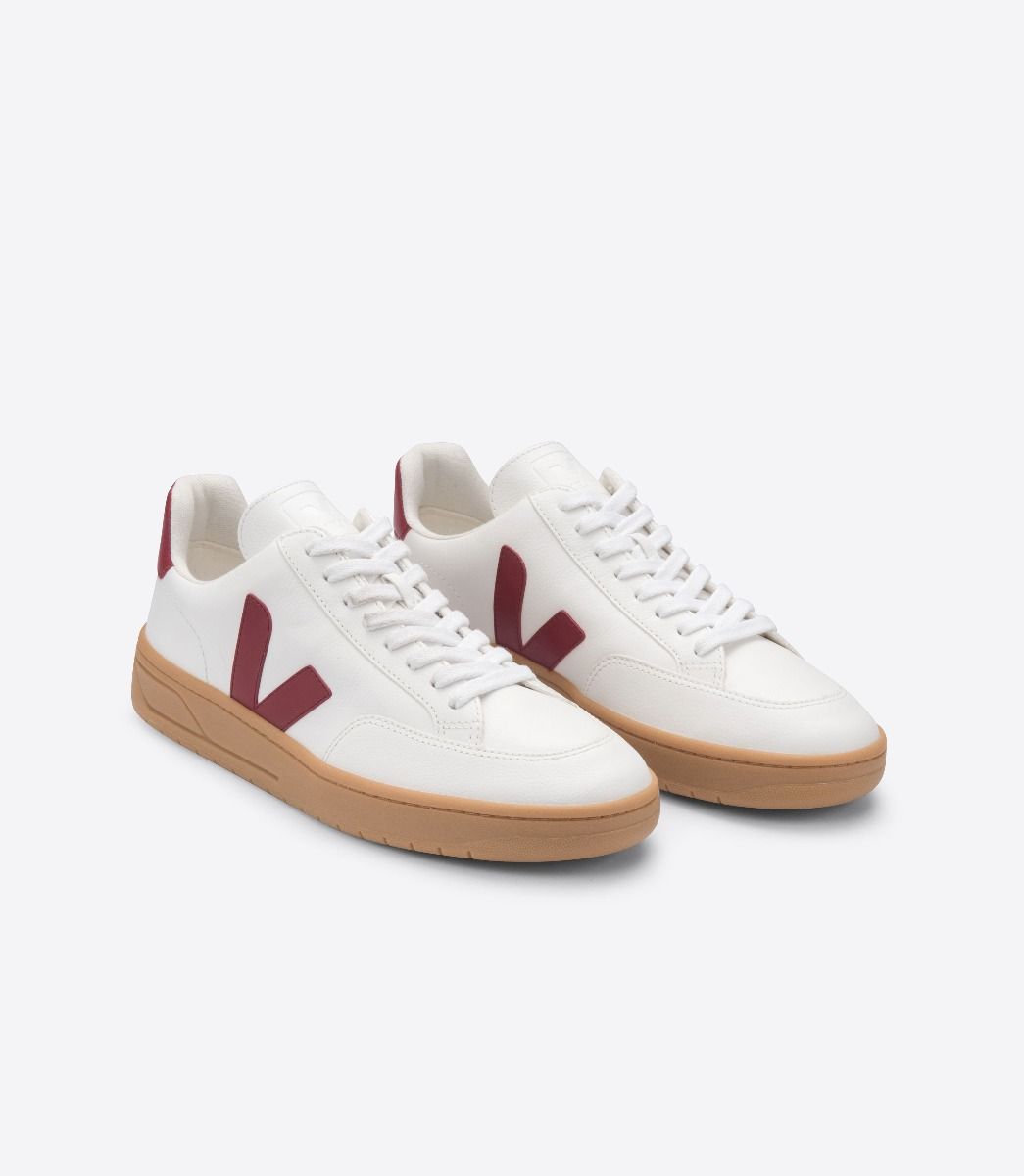 Veja V-12 Leather Women's Sneakers White Red | VJ26504B