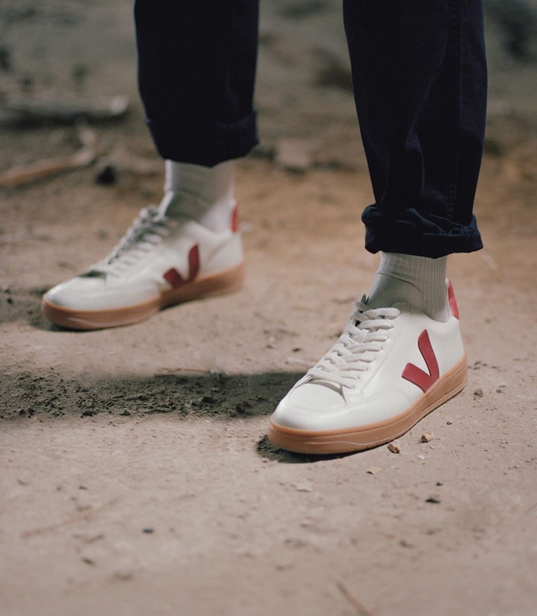 Veja V-12 Leather Women's Sneakers White Red | VJ26504B