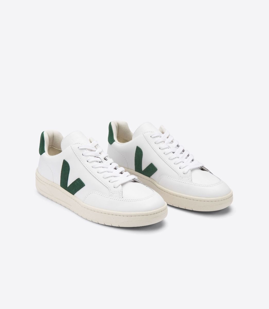 Veja V-12 Leather Women's Sneakers White Green | VJ47980F