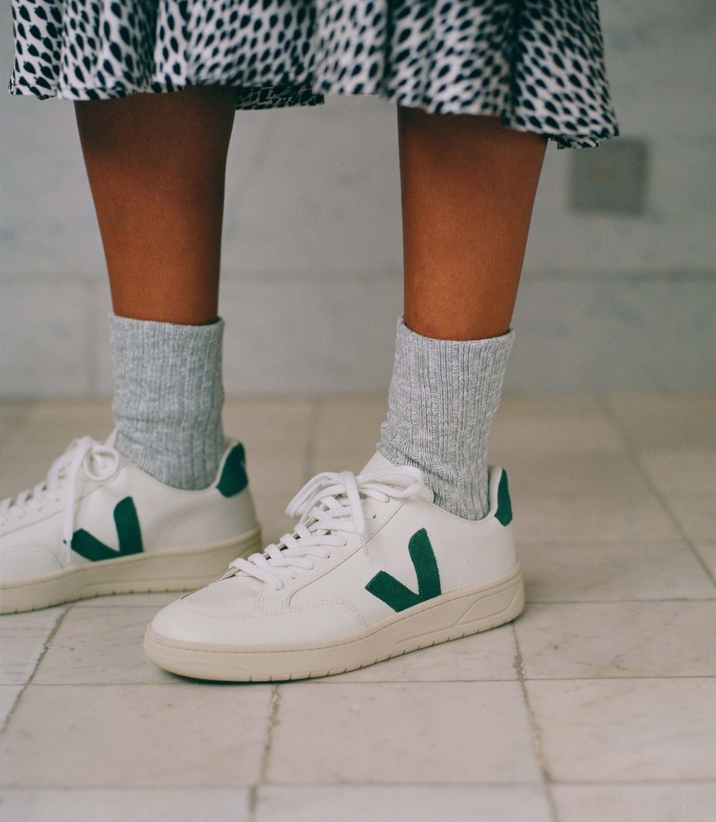 Veja V-12 Leather Women's Sneakers White Green | VJ47980F