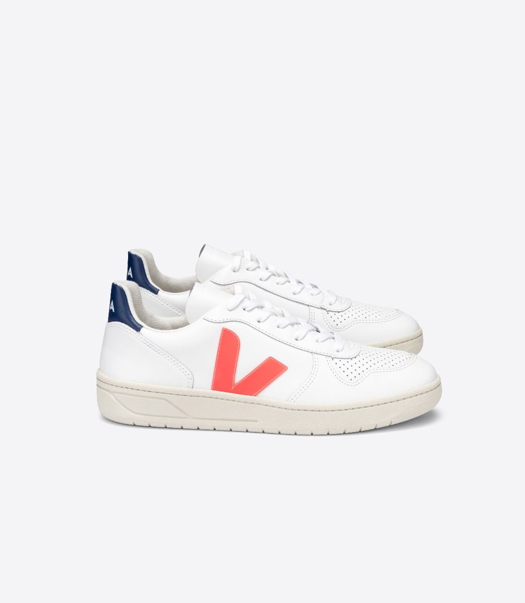 Veja V-10 Leather Women's Sneakers White Orange Blue | VJ93706Q