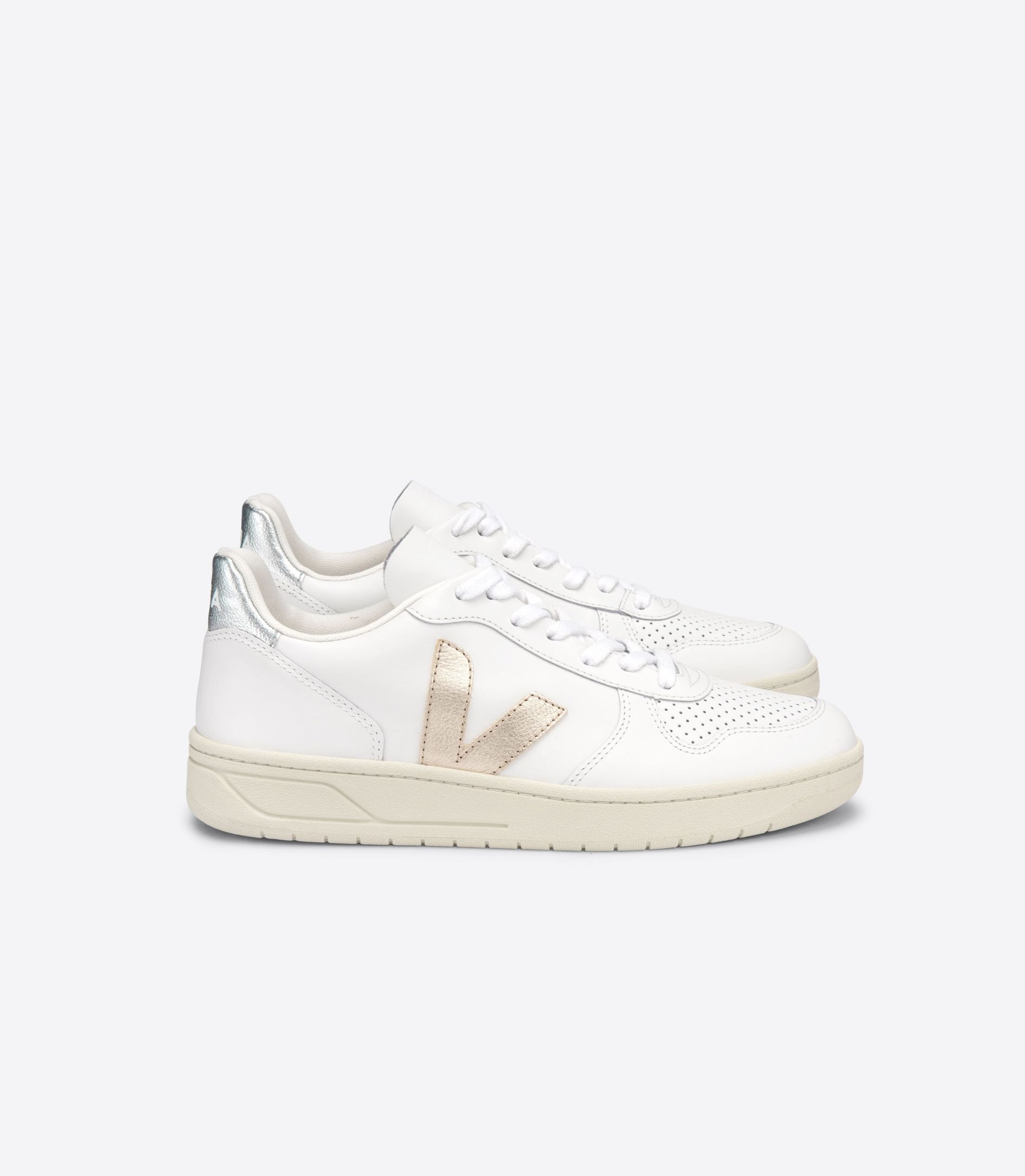 Veja V-10 Leather Women's Sneakers White Gold Silver | VJ98724G